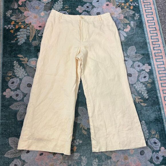 Lauren Ralph Lauren Pants Women 12 Cream Yellow 100% Linen Wide Leg Cropped High - Picture 10 of 13